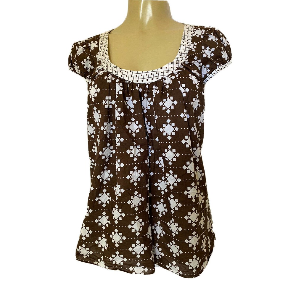 Milly Top Blouse Cap Sleeve Relaxed Fit Geometric print Scoop neck Brown…